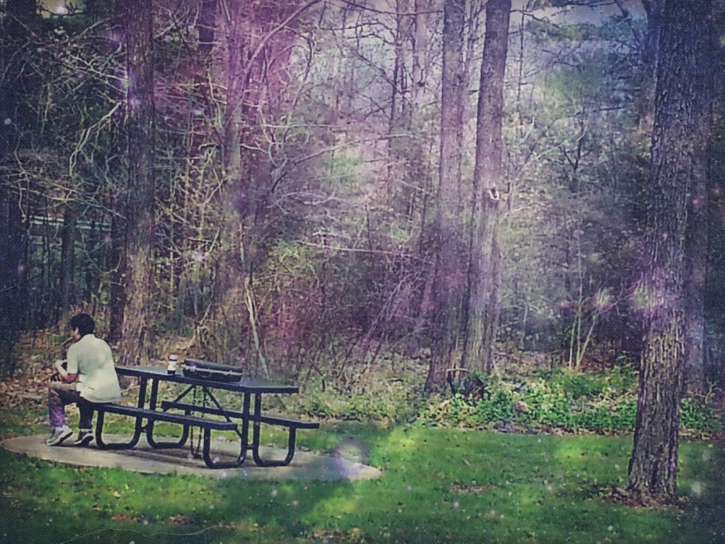 Cellphone Shot by Yin Wah Kreher along Pennsylvania highway, May 10, 2014. This image shows a young man playing a saxophone, seated on a bench on a woody rest-stop along the Pennsylvania highway.