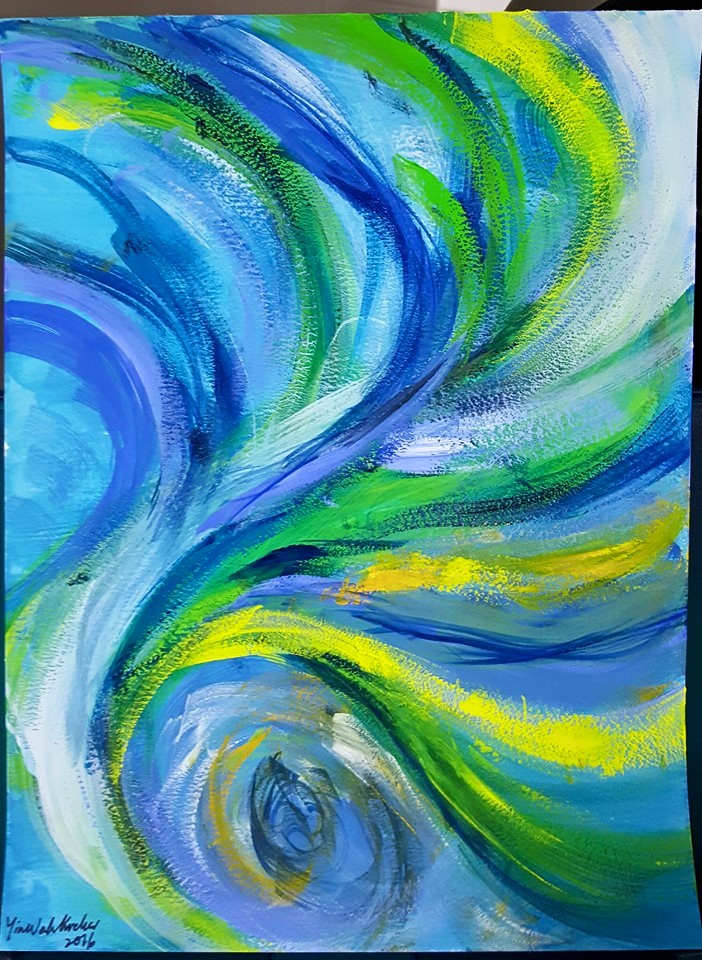 An abstract art painting using blue, green and yellow hues. It looks like a spinning vortex.
