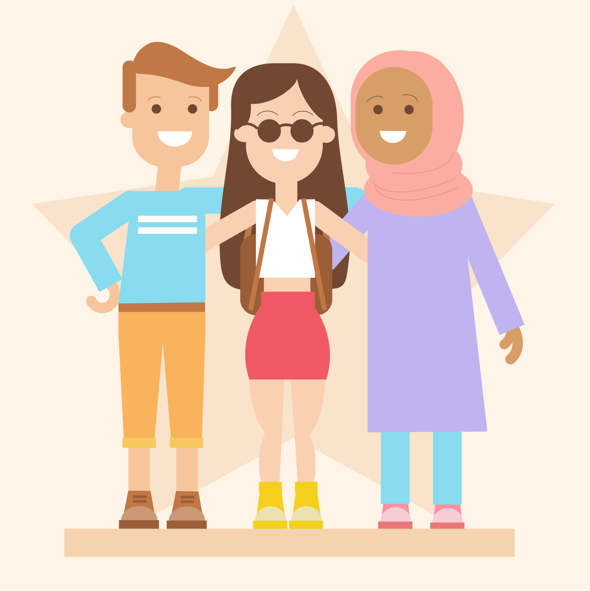 3 international pals: white male, asian girl with a backpack, muslim girl