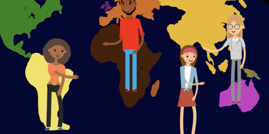 4 students of diverse backgrounds standing on a world map