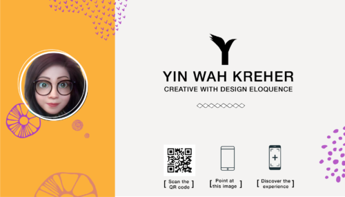 Augmented-Reality-Enhanced Business Card of Yin Wah Kreher. On left panel, image of bespectacled Asian lady