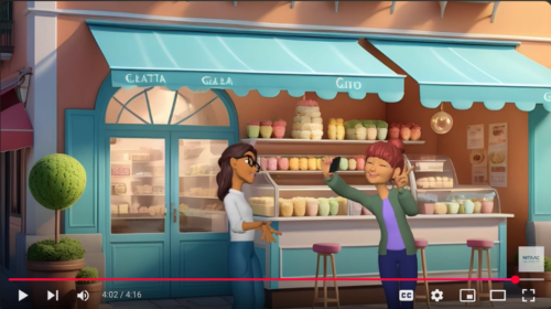 screenshot of YouTube video. 2 girls are chatting in front of a gelato shop. 