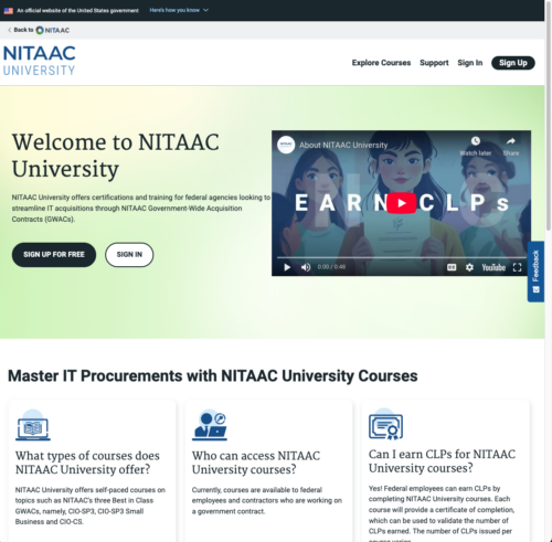 NITAAC University homepage with an introductory trailer video