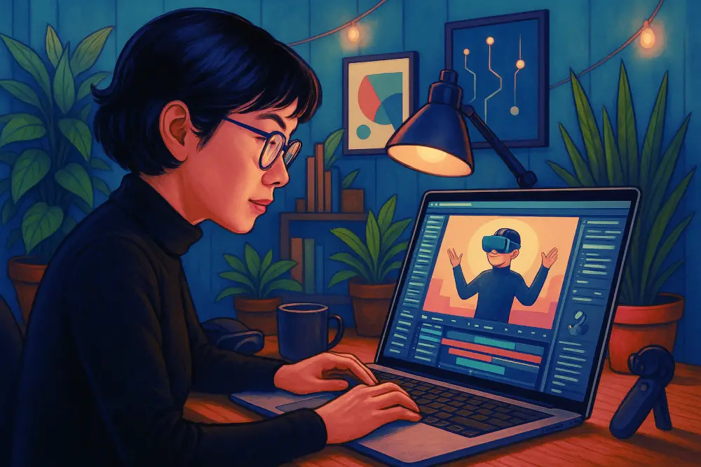Asian woman with bob haircut and glasses works on an animation project on her laptop. The screen shows a VR character timeline. She's in a warm, plant-filled workspace with string lights and a focused expression.