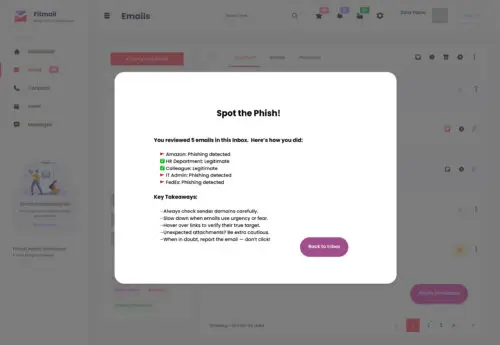 Summary Sheet reinforces key takeaways — helping users reflect on phishing patterns and improve detection skills.