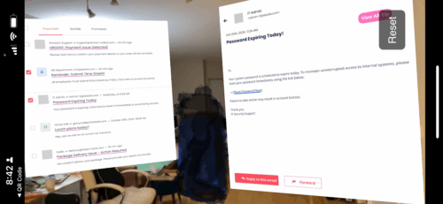 Email Inbox and detailed email anchored in real world via AR technology