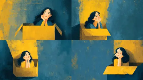 4 quadrants with the same woman sitting in a box, hand under chin, thinking pensively