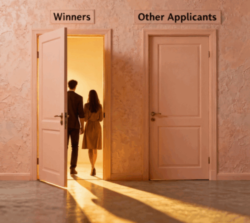 Two Doors. One glowing door labeled Winners with a man and a woma walking in, while another door labeled Other Applicants is left closed/dark.