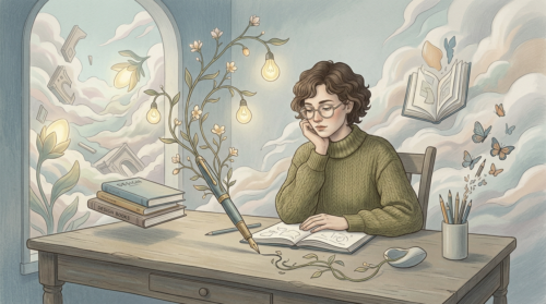 A woman designer is reflecting pensively at her desk